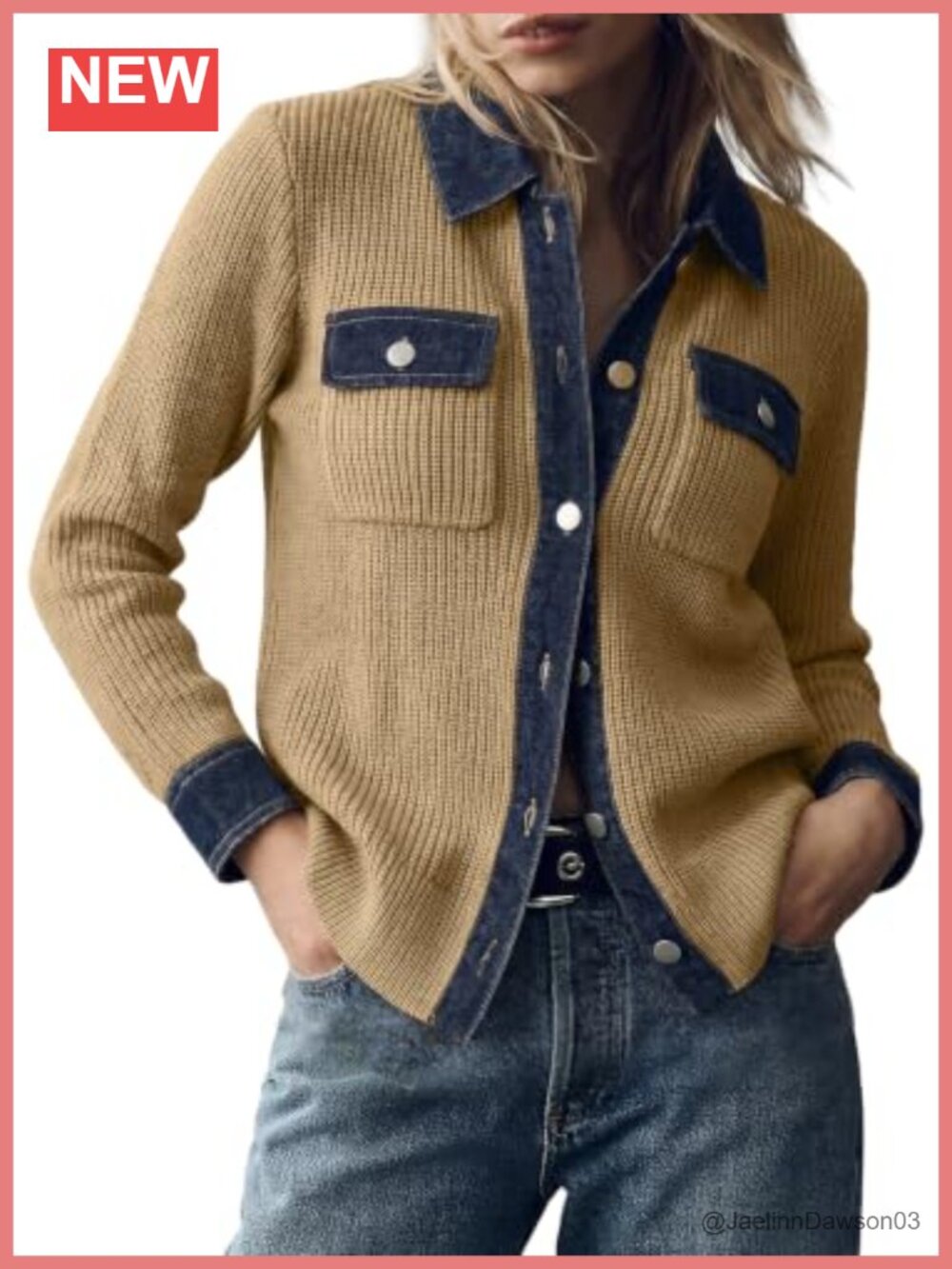Waffle Knit Button Down Cardigan Sweater with Denim Trim